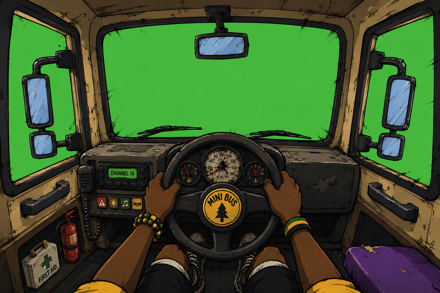 First-person view from inside the minibus: hands on a Mini Bus steering wheel, dashboard, radio, and side mirrors