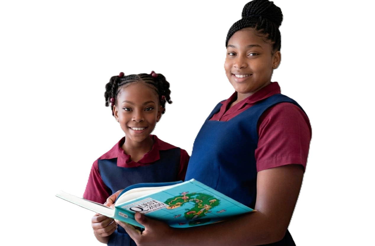 Schoolchildren in uniform reading a book